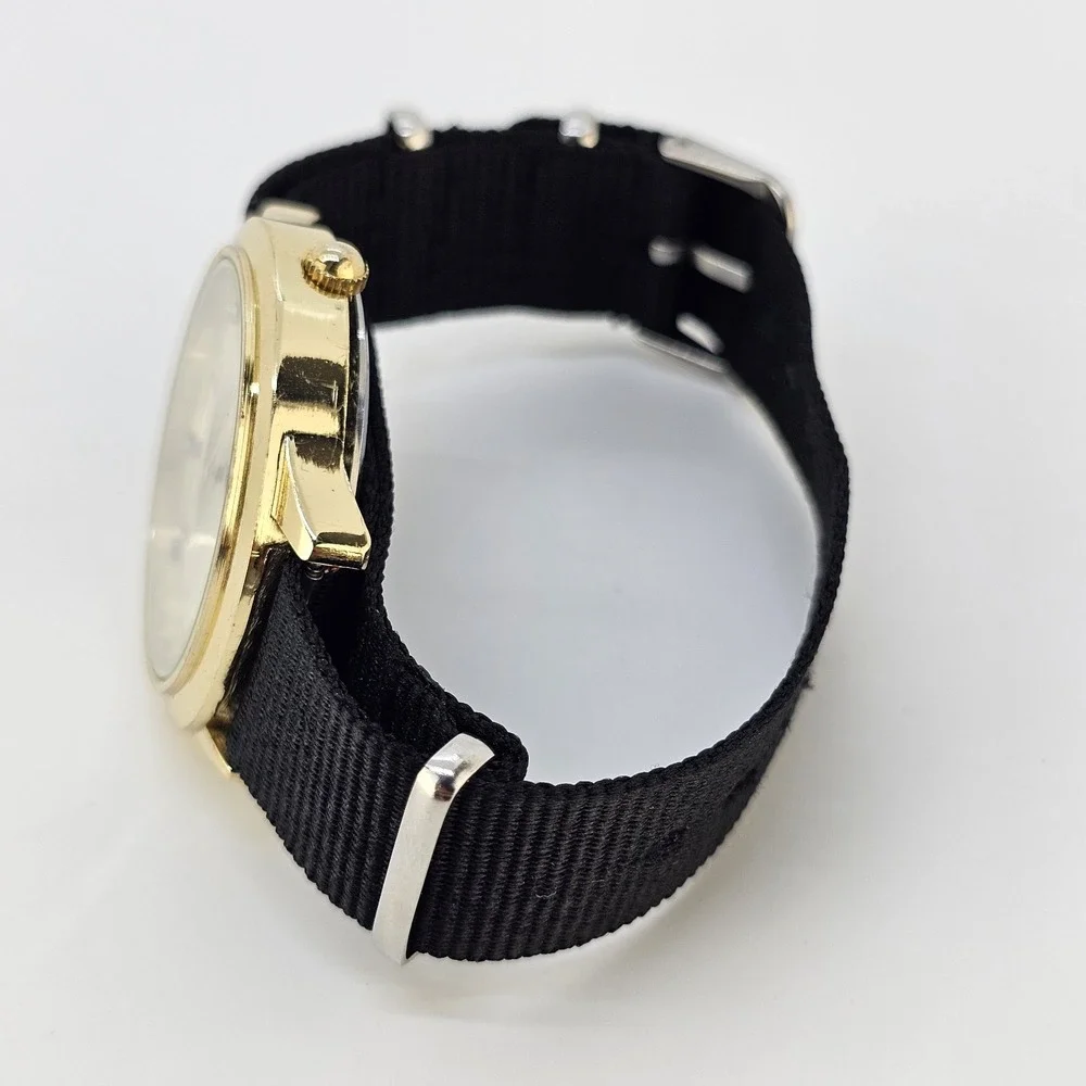 Embassy Men's Analog Watch 38MM Gold Dial Date NEW Black Canvas Band NEW Battery